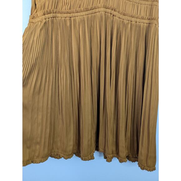 Maeve Anthropologie Saniya Pleated Long Sleeve Mini Dress in Gold - Picture 4 of 11